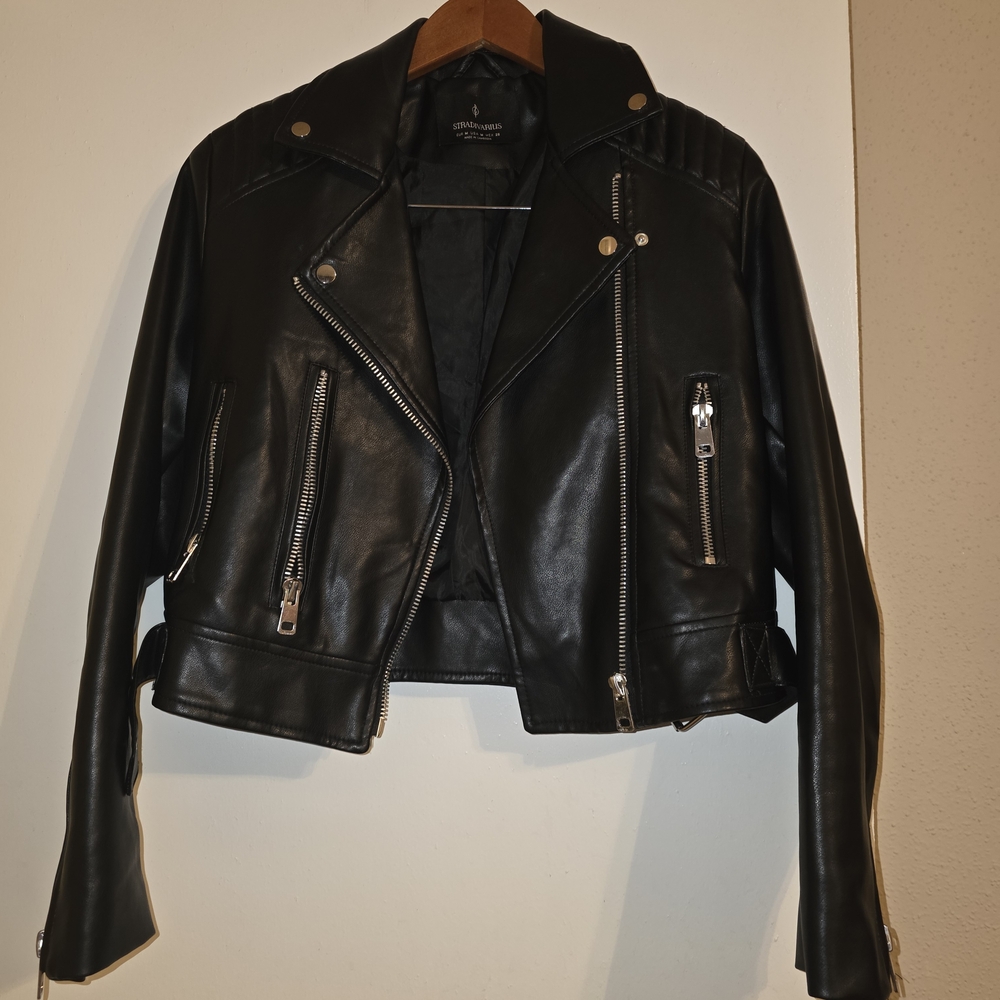 Stradivarius Black and Silver Leather Moto Jacket